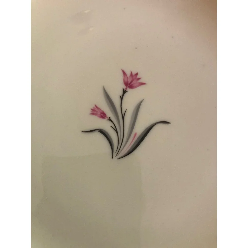 Syracuse China Alpine Pink Lily Dinner Plates Set of 8 Silver Trim MCM USA